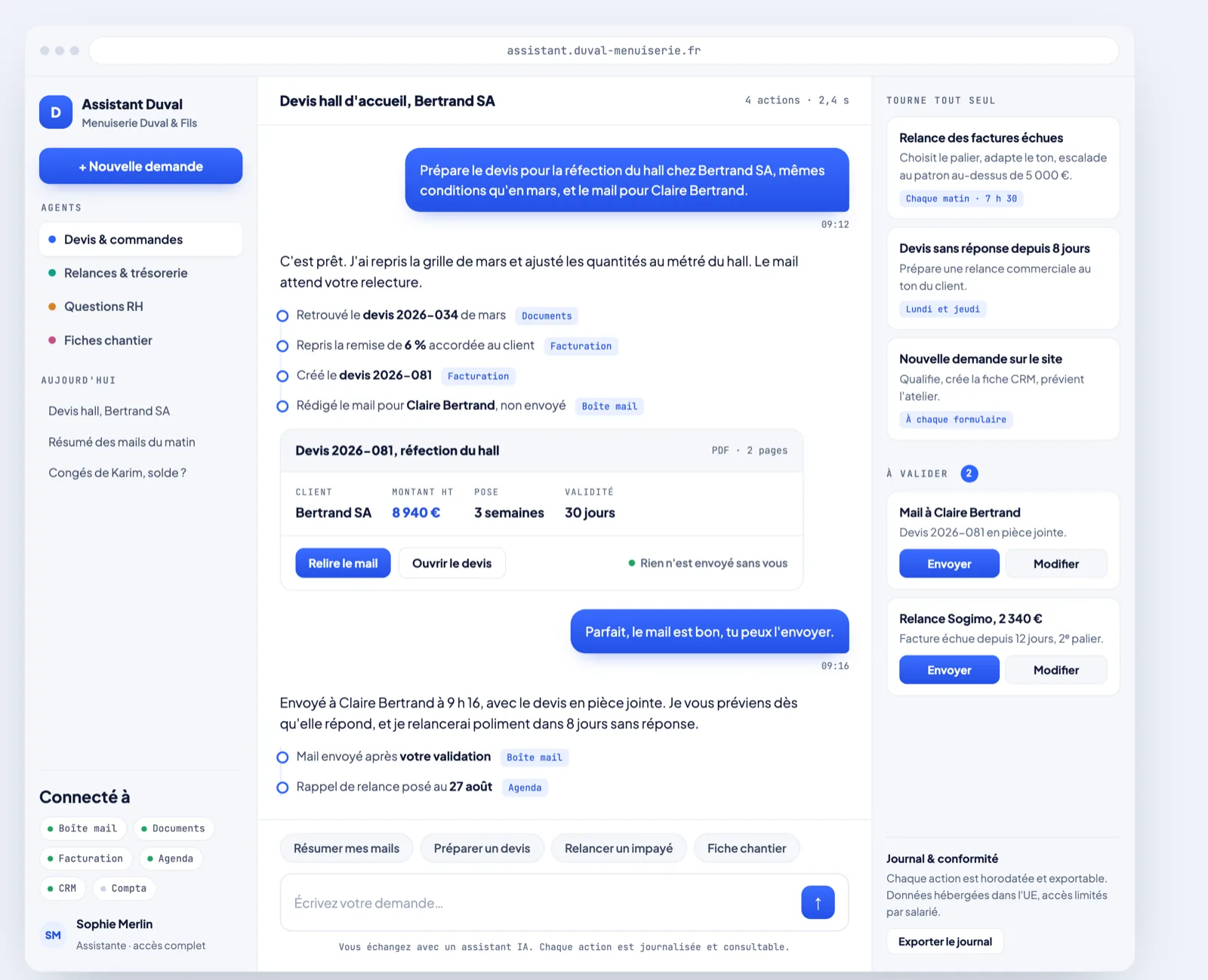Interface d'un assistant IA Aevio Agents, démonstration