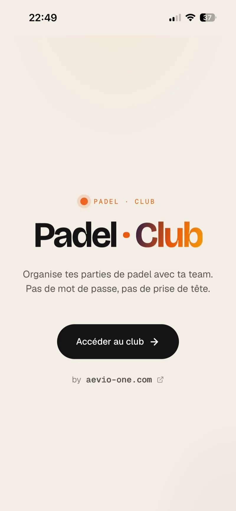 Padel Club, écran d'accueil : organise tes parties de padel avec ta team