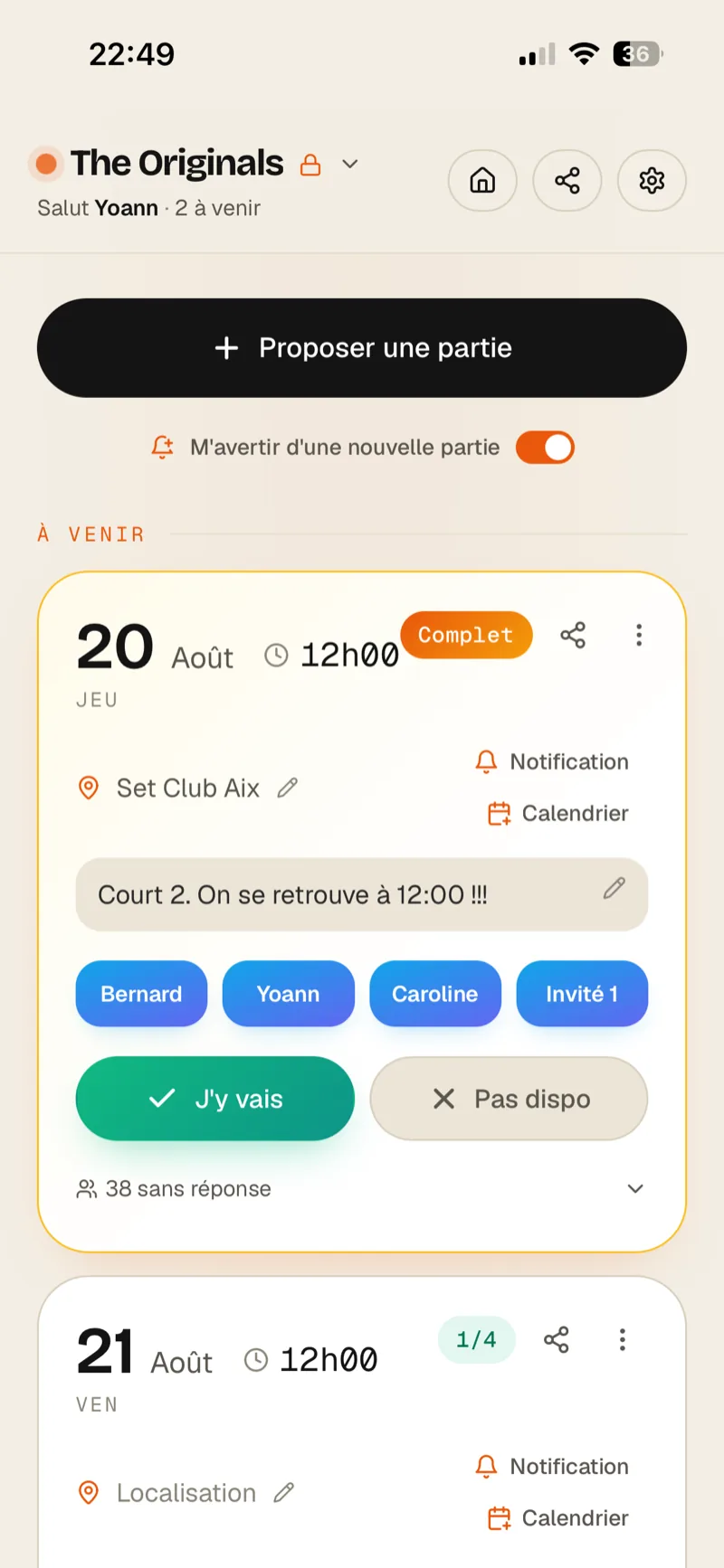 Padel Club, parties à venir avec réponses des joueurs en un tap