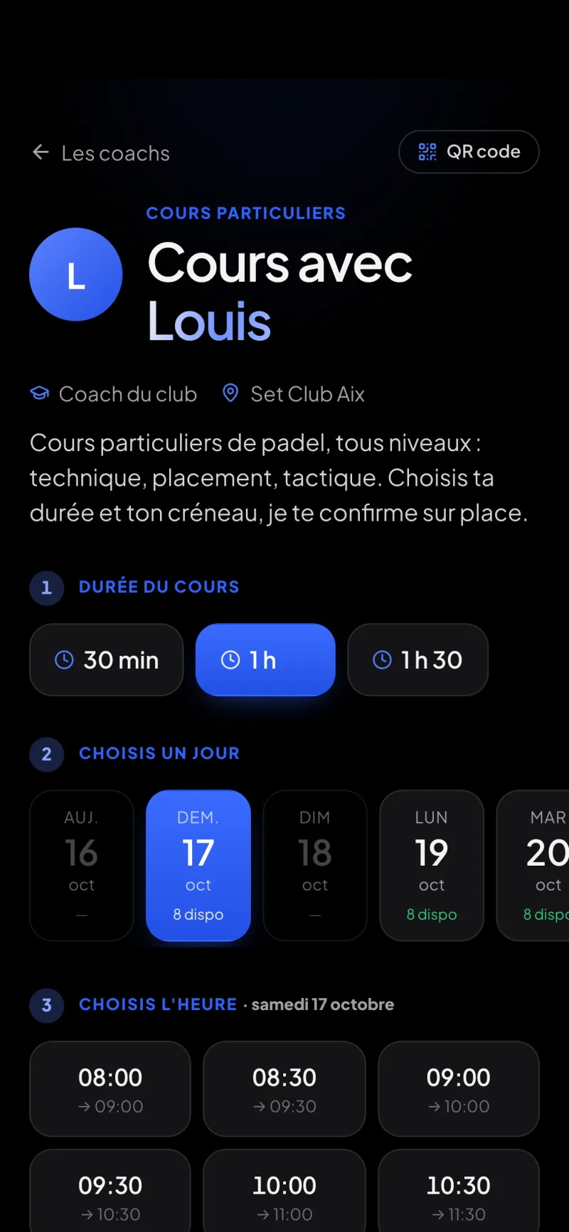Padel Club en mode sombre, réservation d'un cours particulier avec un coach du club