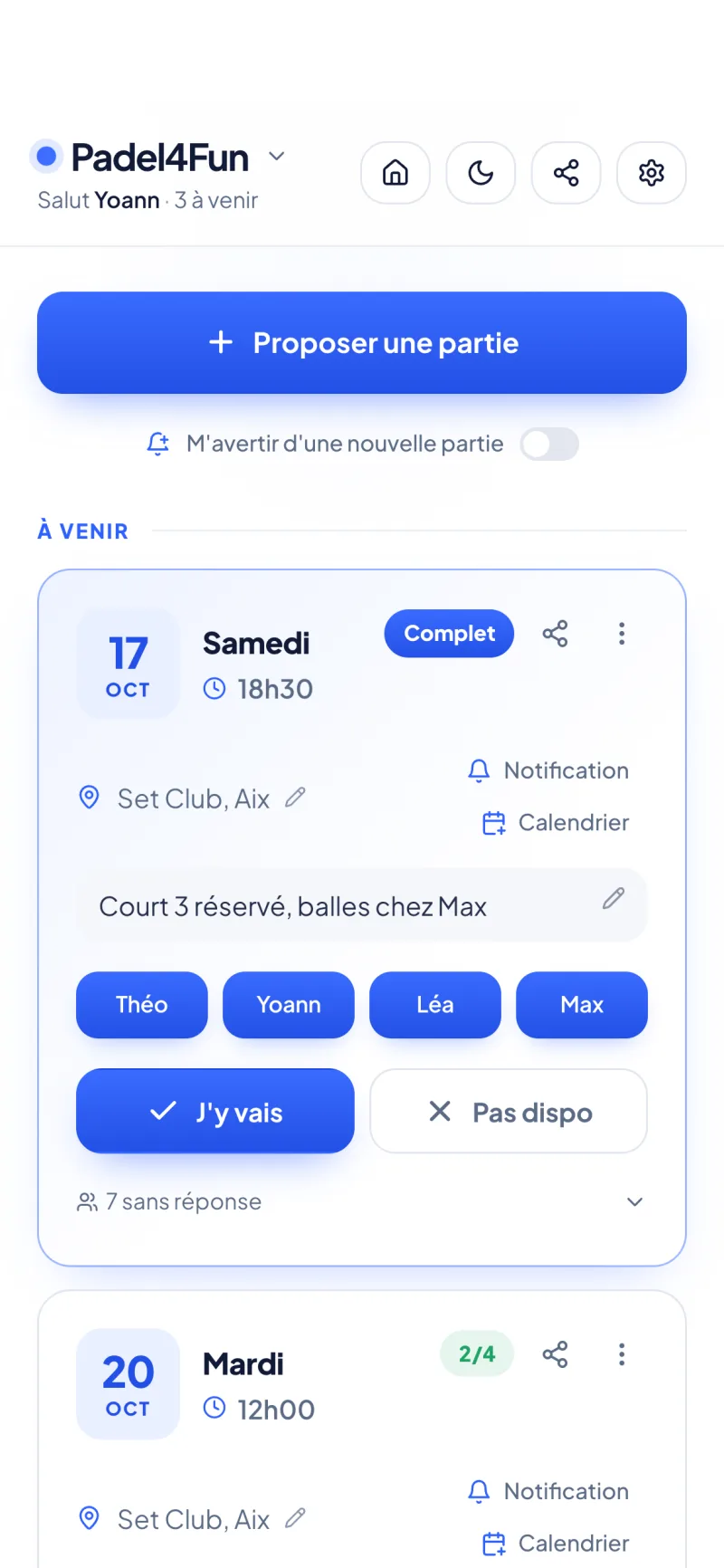 Padel Club, parties à venir : chacun répond en un tap, le compteur de places affiche Complet