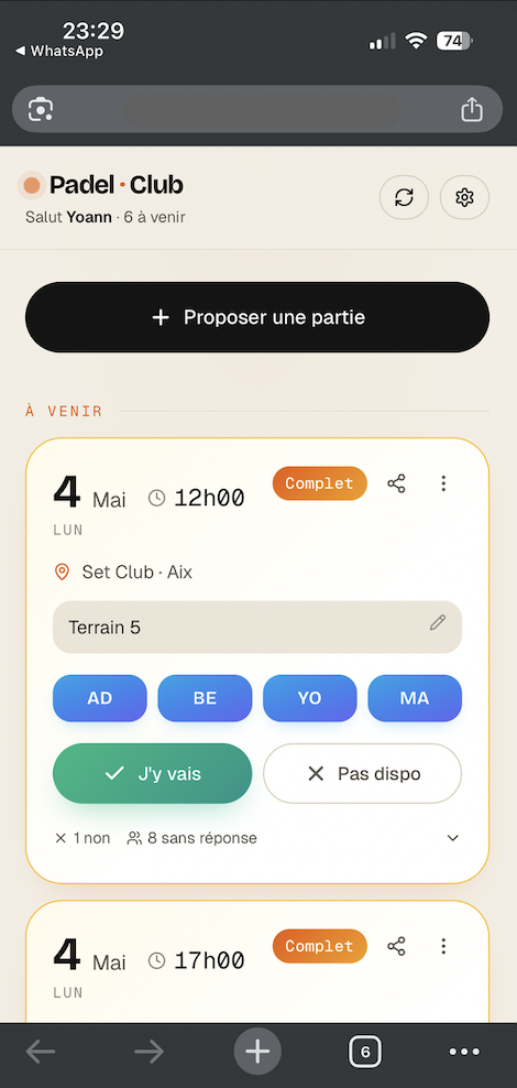Padel Club, vue des parties à venir