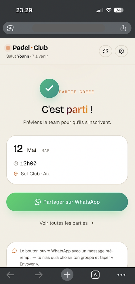 Padel Club, partie créée, partager via WhatsApp